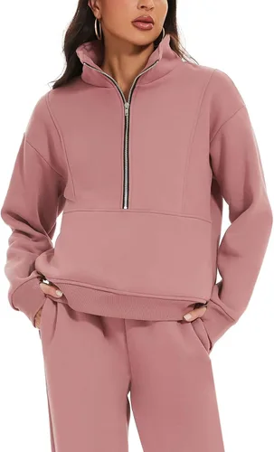 Miniatura 2 de PEHMEA Conjunto deportivo de 2 piezas de otoño para mujer, con forro polar, holgado, manga larga, media cremallera, cómodo conjunto de descanso