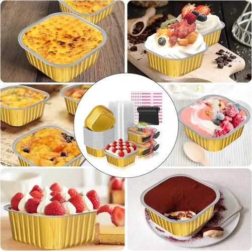 Miniatura 7 de Mini moldes para pasteles de 10 oz con tapas, paquete de 40 moldes de papel de aluminio para brownies, moldes desechables tipo ramekins para Dorado