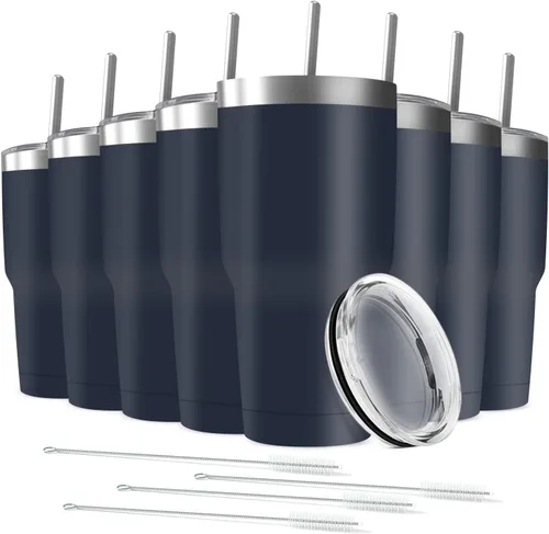 Miniatura 18 de Taza de viaje de acero inoxidable de 30 onzas con tapa, paquete de 6 vasos de doble pared aislados al vacío a granel con 6 pajitas, taza de café