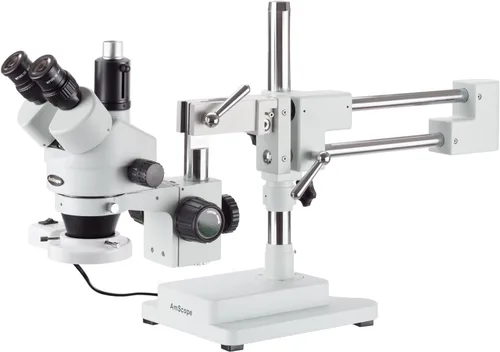 AmScope SM-4TY-FRL Microscopio de zoom estéreo trinocular profesional, ocular WH10x, aumento 7X-90X, objetivo de zoom 0.7X-4.5X, luz de anillo