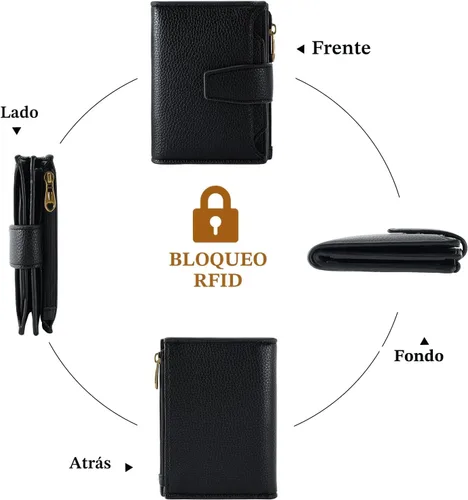 Miniatura 4 de Airkit Cartera para mujer, pequeña cartera de cuero para mujer, plegable, compacta, con bloqueo RFID, tarjetero de crédito, mini bolso de viaje