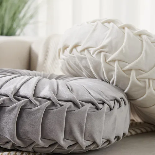 Miniatura 2 de MOJUN Almohada de terciopelo redonda, plisada, rellena, almohada decorativa para el hogar para sofá, silla, cama, automóvil, suelo