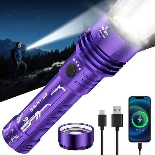 Miniatura 11 de SKYFIRE 1376 linternas LED con lente de encendido, recargable de 2000 lúmenes altos, luz de flash zoomable, 5 modos, impermeable, IPX6, potente