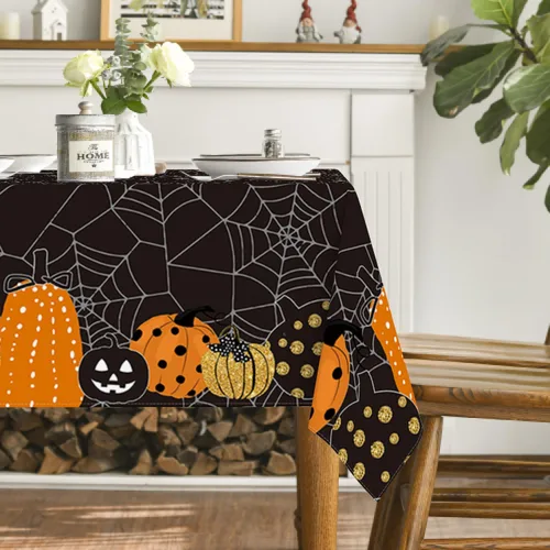 Miniatura 4 de Horaldaily Mantel rectangular de Halloween de 52 x 70 pulgadas, diseño de telaraña de calabaza con temática de miedo, color negro, lavable
