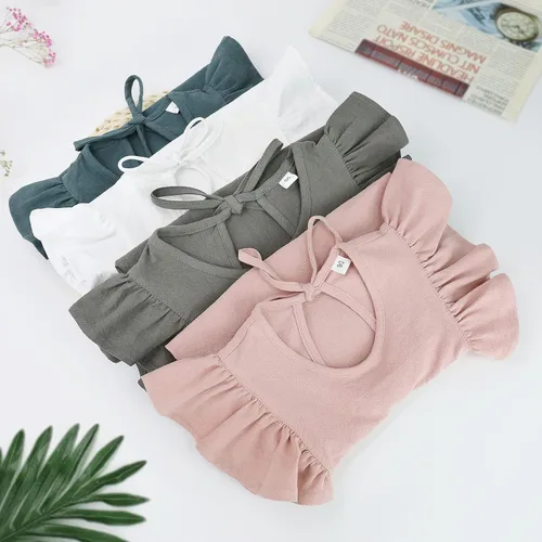 Miniatura 5 de Vestido para niña bebé de verano de algodón y lino con volantes, halter, sin mangas, para niños, vestidos casuales de playa y fiesta, de 1 a 6 años