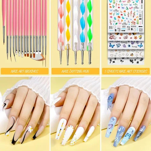Miniatura 4 de Teenitor - Kit de uñas postizas - Puntas de uñas transparentes tipo ataúd, brochas de arte, bolígrafo de punteado, purpurina, pegatinas y strass