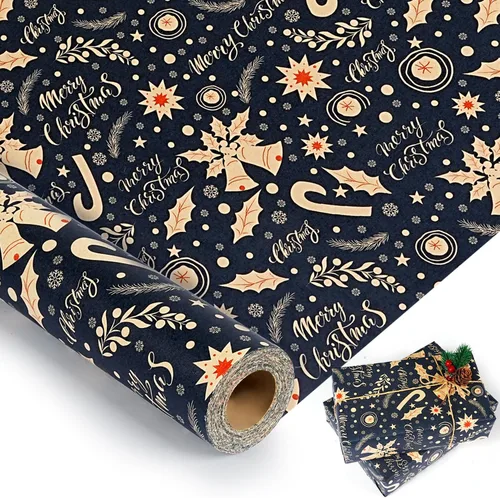 Miniatura 10 de Rollo de papel de regalo de Navidad, rollo de papel kraft vintage, 17 pulgadas x 49 pies, copos de nieve, hojas/bayas de acebo, papel de regalo