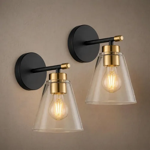 Hamilyeah Juego de 2 apliques de pared negros y dorados, apliques de pared de baño para interiores con pantalla de vidrio, iluminación de pared