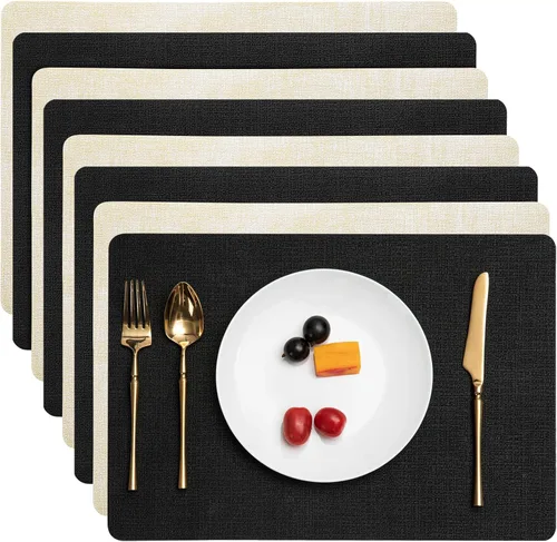 Miniatura 19 de Myir JUN Juego de 6 manteles individuales de doble cara, de piel sintética, para interiores, para mesa de comedor, exteriores, cuadrados, Negro
