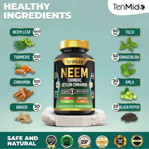 Miniatura 3 de Suplemento de hoja de neem – Fórmula 8 en 1 – Combina con cúrcuma, canela de Ceilán, jengibre, Tulsi, Ginkgo Biloba, Amla y pimienta negra – Apoyo a