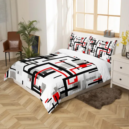 Miniatura 5 de Juego de ropa de cama de líneas negras, rojas y grises, tamaño individual para habitación de niños y niños, juego de funda de edredón con costuras
