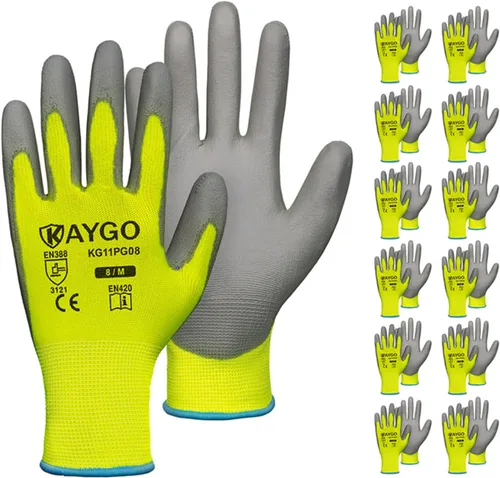 Miniatura 12 de KAYGO KG11PB - Guantes de seguridad con revestimiento delgado de poliuretano, tejido sin costuras, agarre suave en palma y dedos, para trabajo Verde