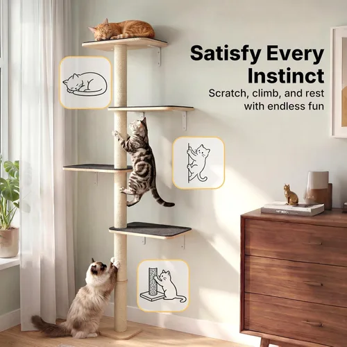 Miniatura 5 de Veehoo Árbol de pared para gatos grandes, escalador de pared para gatos de 66 pulgadas de alto con perchas grandes y alfombra antideslizante