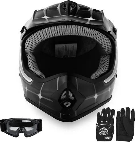 SLMOTO DOT Casco de Motocross Todoterreno de Calle para Jóvenes y Niños Casco de Motocicleta Araña Negra Casco para Jóvenes Casco de Motocicleta