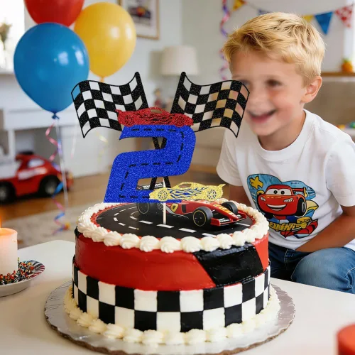 Miniatura 4 de Sleyberoy Decoración de pastel de coche de carreras con bandera a cuadros, decoración de pastel de karting, temática de carreras deportivas