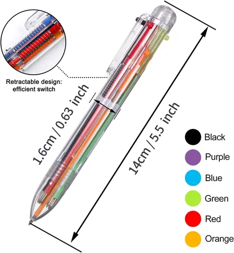 Miniatura 2 de Paquete de 23 bolígrafos multicolor de 0.020 in, 6 en 1, retráctiles, 6 colores, bolígrafo de barril transparente para suministros de oficina