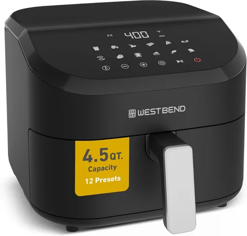 West Bend Freidora de aire digital de 4.5 cuartos de galón, compacta con 12 preajustes, temperatura ajustable para comidas crujientes rápidas, cesta