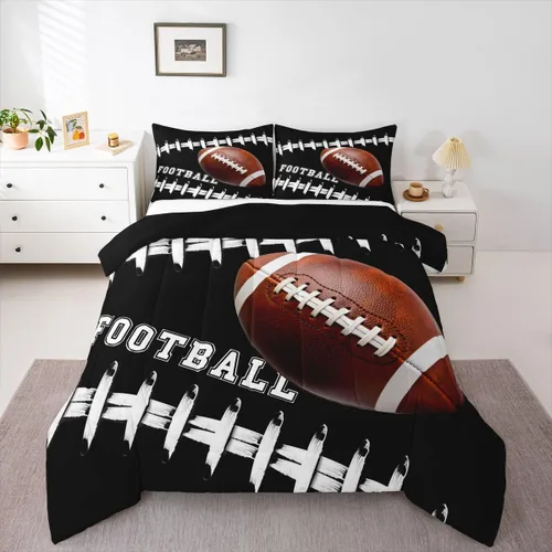 Miniatura 19 de Feelyou Juego de edredón de fútbol, tamaño individual, juego de ropa de cama deportiva de rugby para niños y niñas, color negro y marrón, edredón