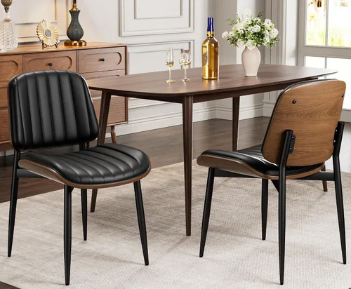 Miniatura 57 de REONEY - Juego de 4 sillas de comedor, modernas de mediados de siglo, tapizadas en piel sintética PU con respaldo de madera curvada de nogal y patas