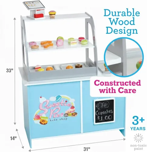Miniatura 3 de Juego de madera para panadería, soporte de simulación para niños, 25 piezas para pastelería, mostrador de café con alimentos, donas, pasteles