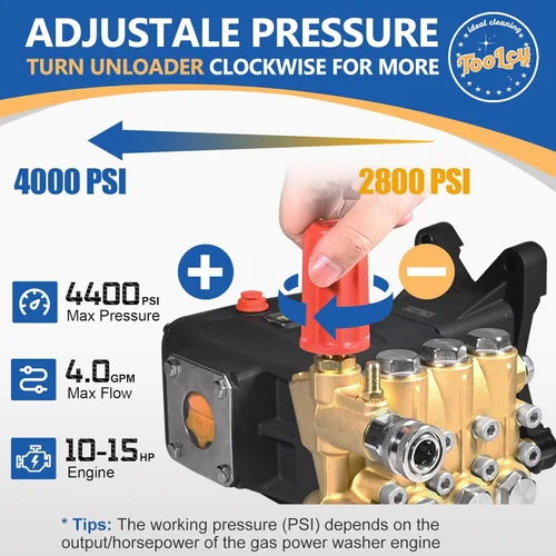 Miniatura 2 de TOOLCY Bomba de Lavadora a Presión 3600-4400 PSI Máx, Bomba de Presión de Émbolo Triplex 4 GPM, Bomba de Lavadora a Gas de Eje Horizontal de 1