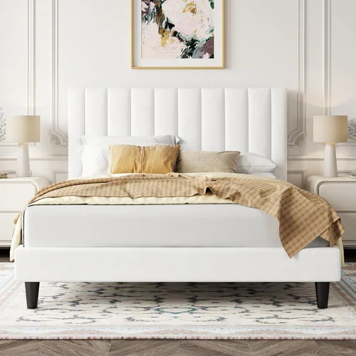 Miniatura 19 de Allewie - Base de cama tamaño King con cabecera acolchada tapizada en terciopelo y diseño acanalado vertical; plataforma de cama con resistentes