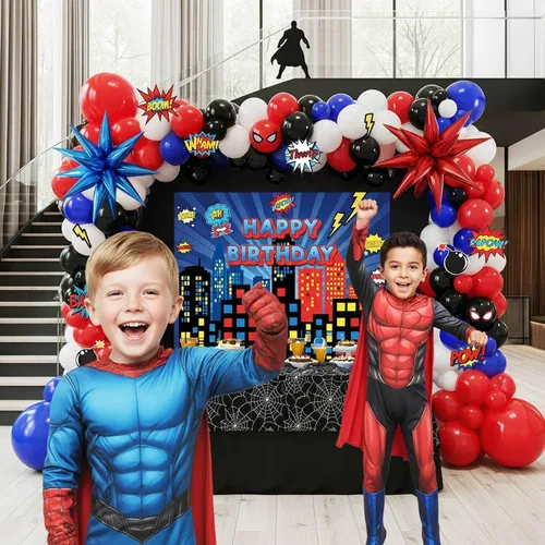 Miniatura 2 de Kit de arco de guirnalda de globos azul rojo negro blanco 140PCS con tarjetas de fondo adhesivas Globos de mylar grandes Starburst para fiesta