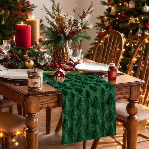 Miniatura 7 de IVAPUPU Camino de mesa de Navidad para vacaciones de invierno, árbol de Navidad verde de felpa suave con pelusa, decoración del hogar de Navidad