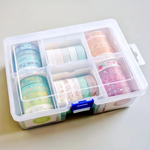 Miniatura 5 de Caja de almacenamiento de cinta Washi, caja de plástico con 6 compartimentos y ranuras de rejilla para joyería, herramienta de cuentas para cinta