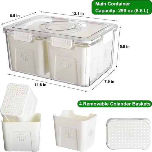 Miniatura 2 de Taiuloo Contenedores herméticos para almacenamiento de frutas en refrigerador con tapa y asa, caja de snacks sin BPA con 4 coladores removibles