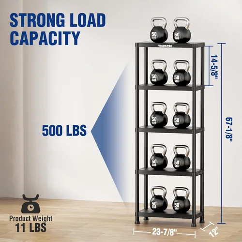 Miniatura 3 de WORKPRO Estantes de almacenamiento de plástico de 5 niveles, estantería de capacidad de 500 libras, 67.1 pulgadas de alto x 23.9 pulgadas de ancho x