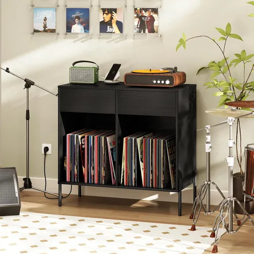 Giantex Soporte grande para tocadiscos con estación de carga, soporte giratorio de madera de mediados de siglo con 2 cajones de almacenamiento y