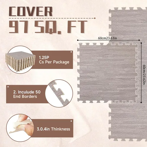 Miniatura 2 de Azulejos de espuma estampada de 0.4 pulgadas de grosor, 24 x 24 pulgadas, 25 piezas, suelo protector estilo grano de madera, para el hogar
