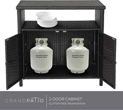 Miniatura 8 de Grand patio Gabinete de almacenamiento de mimbre al aire libre impermeable gabinete de buffet mesa de patio con dos puertas y estantes, aparador
