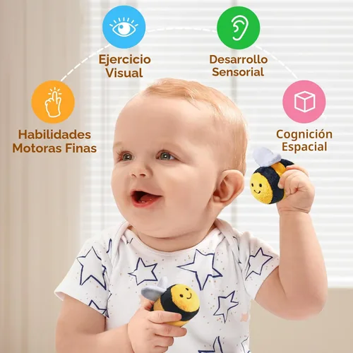 Miniatura 2 de JoyCat Juguetes para Bebés de 6-12 Meses - Colmena Suave para Bebé con 5 Abejas Sensoriales - Sonajero, Papel Crujiente, Silbato, Espejo, Juguetes
