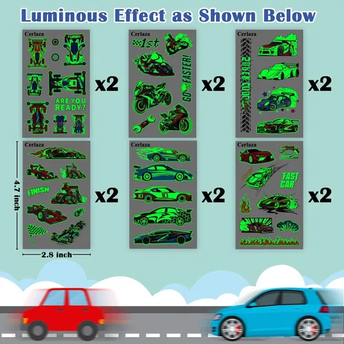 Miniatura 3 de Cerlaza Tatuajes temporales luminosos para niños, 90 estilos de autos brillantes para fiestas de cumpleaños, decoraciones de recuerdos, calcomanías