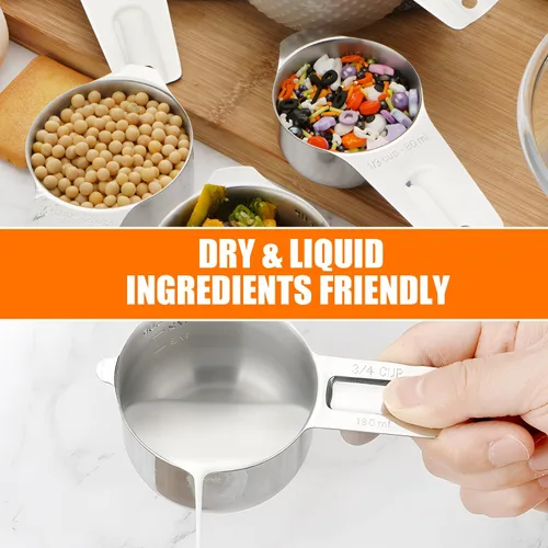 Miniatura 5 de Juego de 7 tazas medidoras apilables de acero inoxidable, resistentes, perfectas para ingredientes secos y líquidos, tazas medidoras anidables