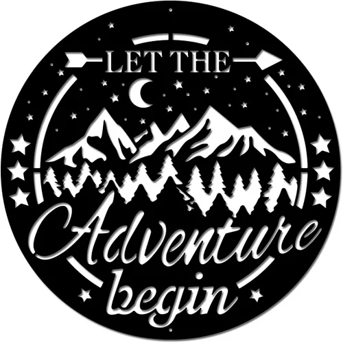 SUPERDANT Arte de pared de metal con cielo estrellado, decoración de pared de bosque de montaña, escultura de metal Let The Adventure Begin, adorno