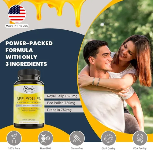 Miniatura 7 de Pure By Nature Suplemento de polen de abeja con propóleo y jalea real para apoyo inmunológico, propiedades antioxidantes, 120 cápsulas vegetarianas