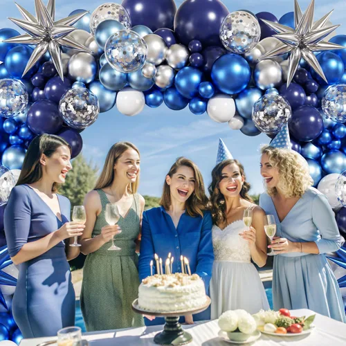 Miniatura 7 de Kit de arco de guirnalda de globos de color azul, blanco y plateado, 140 piezas globos de confeti azul marino claro metálico plateado y blanco
