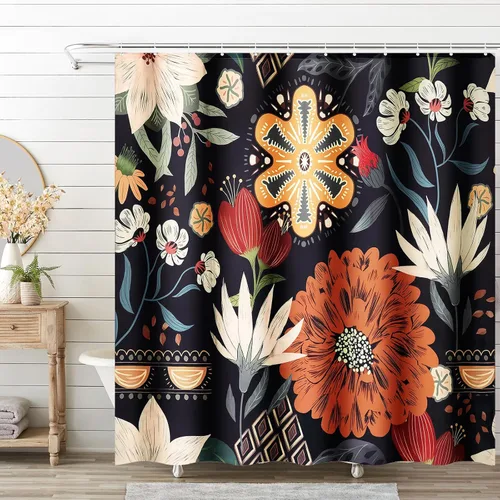 Cortina de ducha con diseño floral bohemio para baño, diseño abstracto vintage y colorido con hojas tropicales, cortinas de ducha de tela