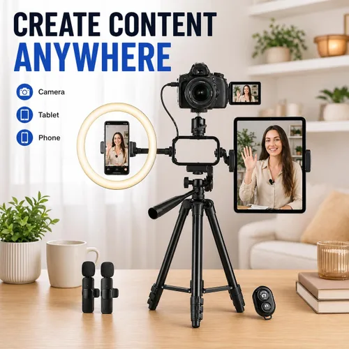 Miniatura 5 de Acuvar Kit de vlogging con trípode de luz de anillo – Kit de creación de contenido para iPhone, Android y tabletas, micrófono, control remoto