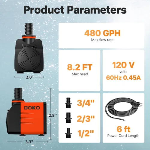 Miniatura 8 de DOKO Bomba de agua sumergible de 480 GPH, bomba de agua de fuente con cable de alimentación de 6 pies y 3 boquillas, 35 W, bombas de estanque ultra