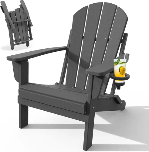 Miniatura 17 de Silla Adirondack plegable con soporte para tazas, sillas de patio de plástico HDPE para todo tipo de clima, silla para hoguera, sillas de césped al
