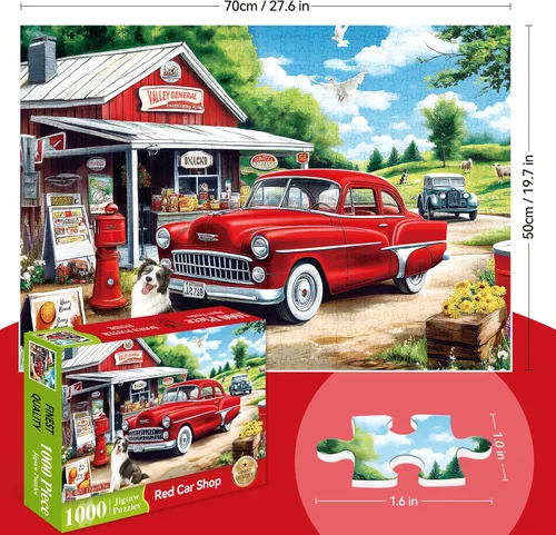 Miniatura 2 de Rompecabezas de 1000 piezas para adultos, rompecabezas de tienda de campo con coche rojo, perro y escena de pueblo rústico, rompecabezas escénico al