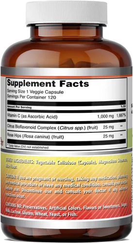 Miniatura 5 de Amazing Formulas Vitamina C (ácido ascórbico) de 1000 mg con bioflavonoides de rosa y cítricos Suplemento de cápsulas vegetales Sin OMG Sin