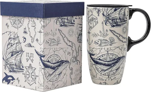 Miniatura 13 de Topadorn Taza de café de cerámica con tapa y asa, taza de viaje de cerámica, taza de té con leche de porcelana en caja de color de 17 onzas, tapa