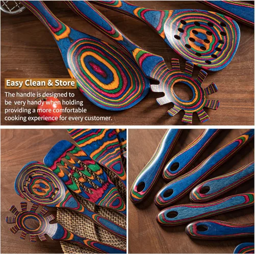 Miniatura 5 de Gudamaye Pakkawood - Utensilios de cocina de madera azul de 7 piezas, cucharas de madera, juego de utensilios de cocina, cucharas antiadherentes