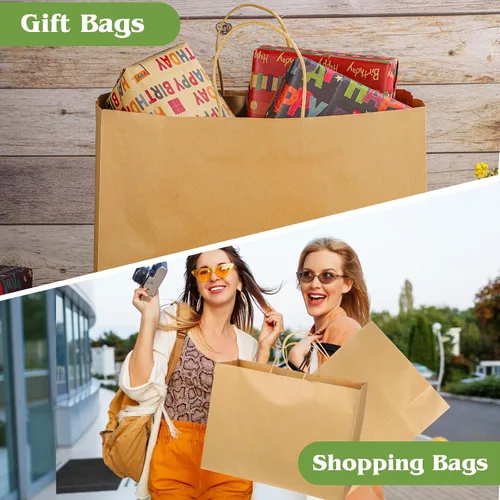 Miniatura 5 de Woric 60 bolsas de papel marrón con asas, bolsas de regalo grandes de 16 x 6 x 12 pulgadas, multiusos, marrón sólido, papel sin recubrimiento, 60