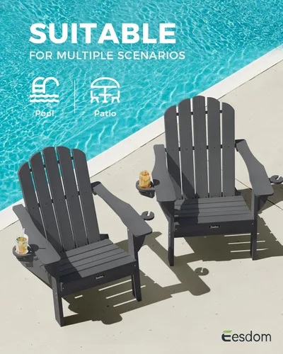 Miniatura 9 de Silla Adirondack plegable, silla Adirondack de HDPE con 2 soportes para tazas, sillas para fogatas al aire libre de fácil montaje para patio, Negro